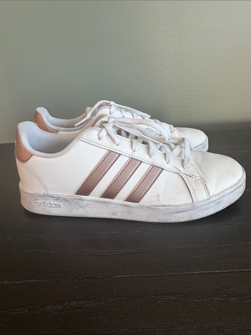 adidas Kids White Sneakers with Rose Gold Stripes